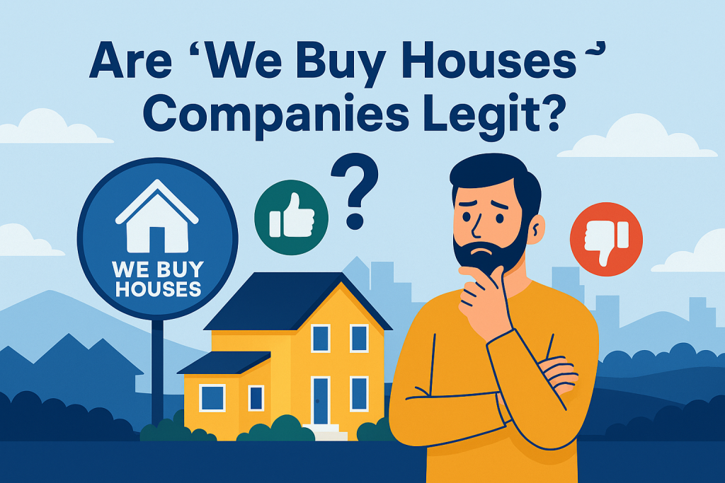 Illustration questioning if We Buy Houses companies are legitimate in elgin IL, showing homeowner deciding between trust and risk