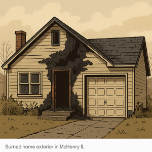 Illustration of a fire-damaged house exterior in McHenry IL