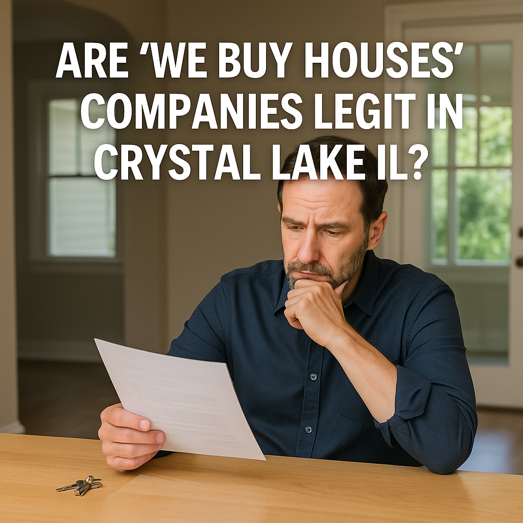 Man in Crystal Lake IL reviewing a cash offer letter from a "We Buy Houses" company, looking thoughtful at his kitchen table.