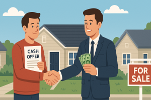 Illustration of a Crystal Lake homeowner accepting a fair cash offer from a professional home buyer in front of a house and “For Sale” sign