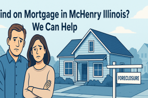 Illustration of a worried McHenry Illinois homeowner looking at mortgage papers with a supportive housing specialist offering help, symbolizing foreclosure assistance and local mortgage relief options.