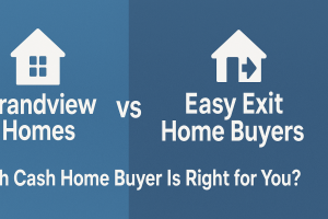 Illustration comparing Grandview Homes and Easy Exit Home Buyers, showing two houses side by side—one corporate and one local—with a friendly handshake in front, representing a personal home-selling experience in Illinois.