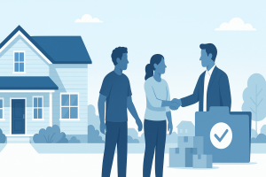 Illustration of a Crystal Lake family peacefully selling an inherited home with handshake and moving boxes